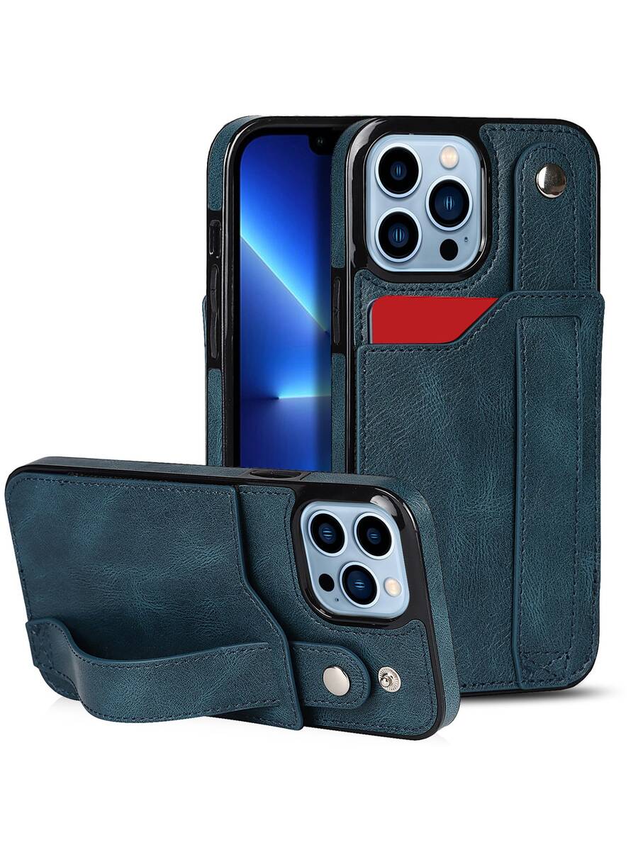 PU Card Slot Phone Case With Wrist Strap - Blue - View 1
