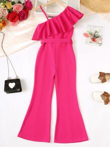 SHEIN Tween Girl Asymmetrical Neck Ruffle Trim Belted Flare Leg Jumpsuit - Hot Pink - View 2