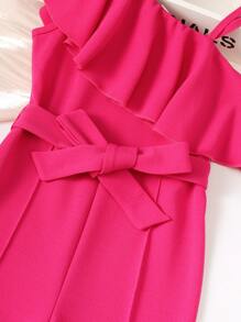 SHEIN Tween Girl Asymmetrical Neck Ruffle Trim Belted Flare Leg Jumpsuit - Hot Pink - View 4