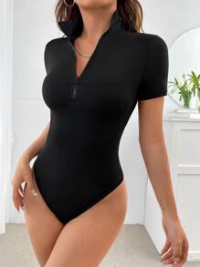 SHEIN EZwear 素色半拉鏈修身T恤緊身連衣褲