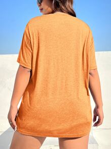 SHEIN EZwear Áo thun Plus size Ren lên màu trơn Giải trí - trái cam - Xem 2