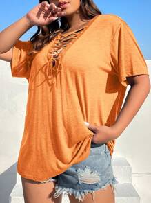 SHEIN EZwear Áo thun Plus size Ren lên màu trơn Giải trí - trái cam - Xem 3