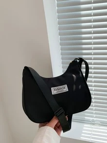 Small Hobo Bag Letter Patch Decor - Black - View 2