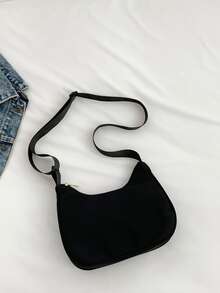 Small Hobo Bag Letter Patch Decor - Black - View 7