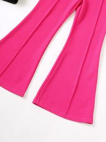 SHEIN Tween Girl Asymmetrical Neck Ruffle Trim Belted Flare Leg Jumpsuit - Hot Pink - View 6