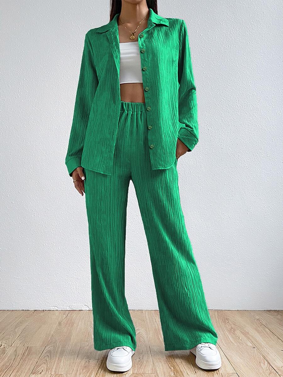 SHEIN EZwear Solid Button Front Shirt & Wide Leg Trousers - Green - View 1