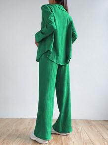 SHEIN EZwear Solid Button Front Shirt & Wide Leg Trousers - Green - View 2