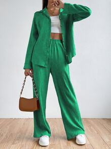 SHEIN EZwear Solid Button Front Shirt & Wide Leg Trousers - Green - View 3