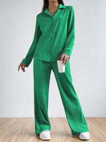 SHEIN EZwear Solid Button Front Shirt & Wide Leg Trousers - Green - View 4