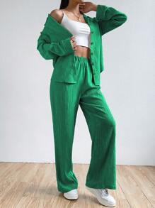 SHEIN EZwear Solid Button Front Shirt & Wide Leg Trousers - Green - View 5