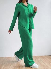SHEIN EZwear Solid Button Front Shirt & Wide Leg Trousers - Green - View 7