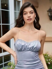 SHEIN Belle Ruched Bust Cami Dress - Grey - View 6