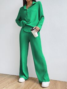 SHEIN EZwear Solid Button Front Shirt & Wide Leg Trousers - Green - View 8