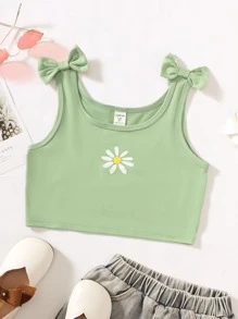 SHEIN Girls Floral Print Bow Shoulder Crop Tank Top - Green - View 1