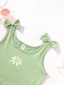 SHEIN Girls Floral Print Bow Shoulder Crop Tank Top - Green - View 3