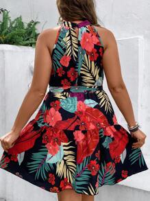 SHEIN Holidaya Plus Tropical & Floral Print Ruffle Hem Belted Halter Dress - Multicolor - View 2