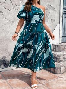 SHEIN LUNE Vestido toda parte plantas de un hombro de manga farol bajo con fruncido - Verde - Ver 1