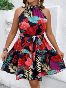 SHEIN Holidaya Plus Tropical & Floral Print Ruffle Hem Belted Halter Dress - Multicolor - View 3