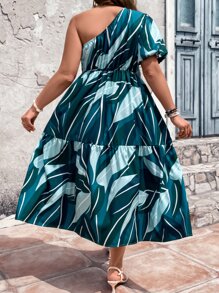 SHEIN LUNE Vestido toda parte plantas de un hombro de manga farol bajo con fruncido - Verde - Ver 2