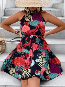 SHEIN Holidaya Plus Tropical & Floral Print Ruffle Hem Belted Halter Dress - Multicolor - View 4