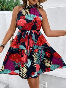 SHEIN Holidaya Plus Tropical & Floral Print Ruffle Hem Belted Halter Dress - Multicolor - View 5