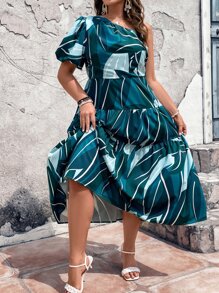 SHEIN LUNE Vestido toda parte plantas de un hombro de manga farol bajo con fruncido - Verde - Ver 4