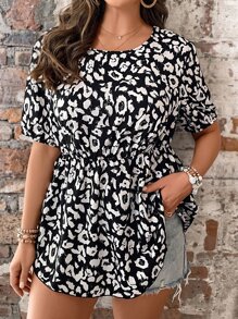 SHEIN LUNE Blusa con estampado peplum cintura - Blanco y Negro - Ver 3