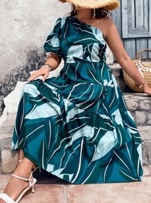 SHEIN LUNE Vestido toda parte plantas de un hombro de manga farol bajo con fruncido - Verde - Ver 5