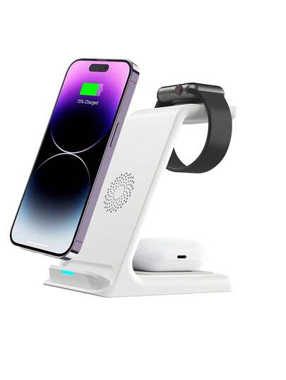 15w 3 In 1 Vertical Wireless Charger Stand Compatible With Apple Phone, Watch, And Earbuds
