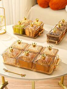 1pc Vertical Grain Brown Snack Storage Box With Tray, Modern PMMA Snack Tray For Household