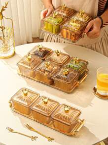 1pc Vertical Grain Brown Snack Storage Box With Tray, Modern PMMA Snack Tray For Household