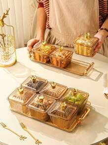1pc Vertical Grain Brown Snack Storage Box With Tray, Modern PMMA Snack Tray For Household