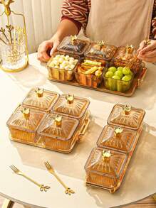 1pc Vertical Grain Brown Snack Storage Box With Tray, Modern PMMA Snack Tray For Household