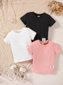 Bebé 3 piezas Camiseta con diseño de parche de letra tejido de canalé - Multicolor - Ver 1