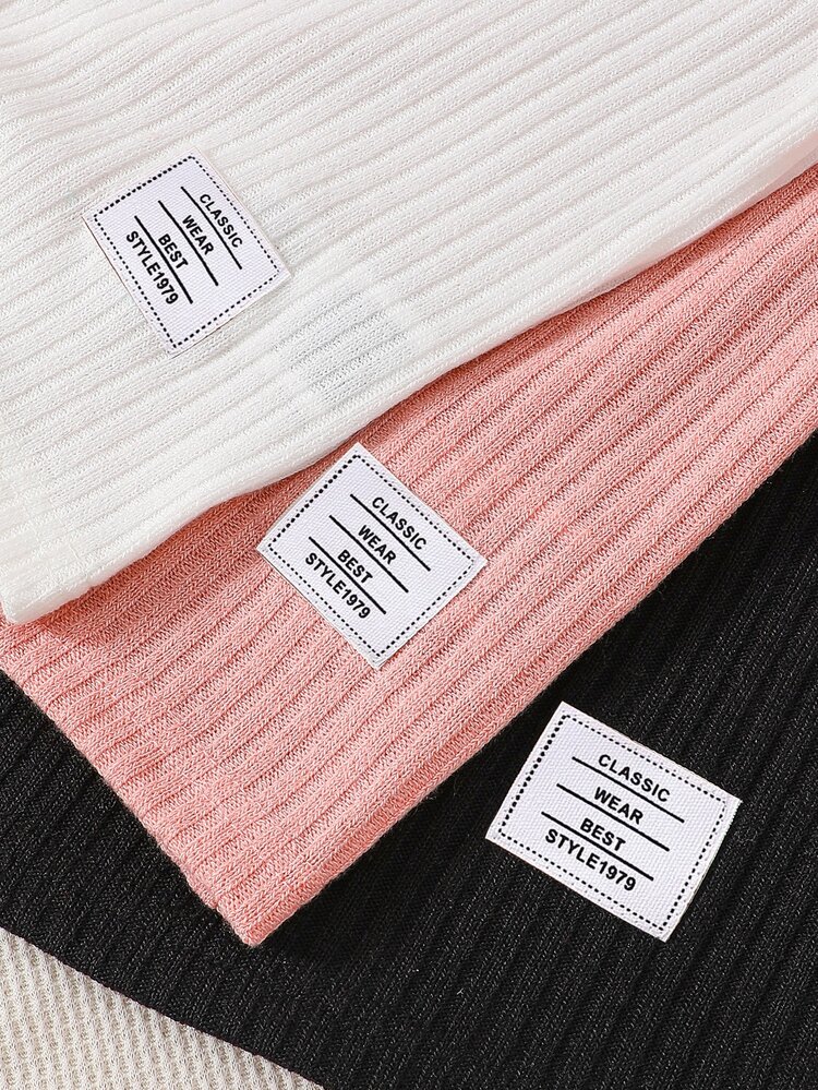 Baby 3pcs Letter Patched Detail Ribbed Knit Tee - Multicolor - View 3