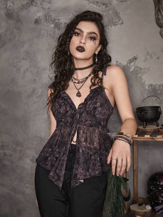 Goth Allover Print Tie Front Cami Top