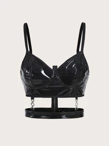 SHEIN ICON 鏤空PU皮革吊帶上衣 - 黑色 - 查看 1