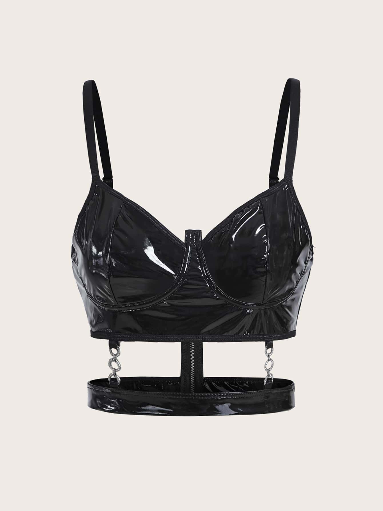 SHEIN ICON 鏤空PU皮革吊帶上衣 - 黑色 - 查看 1