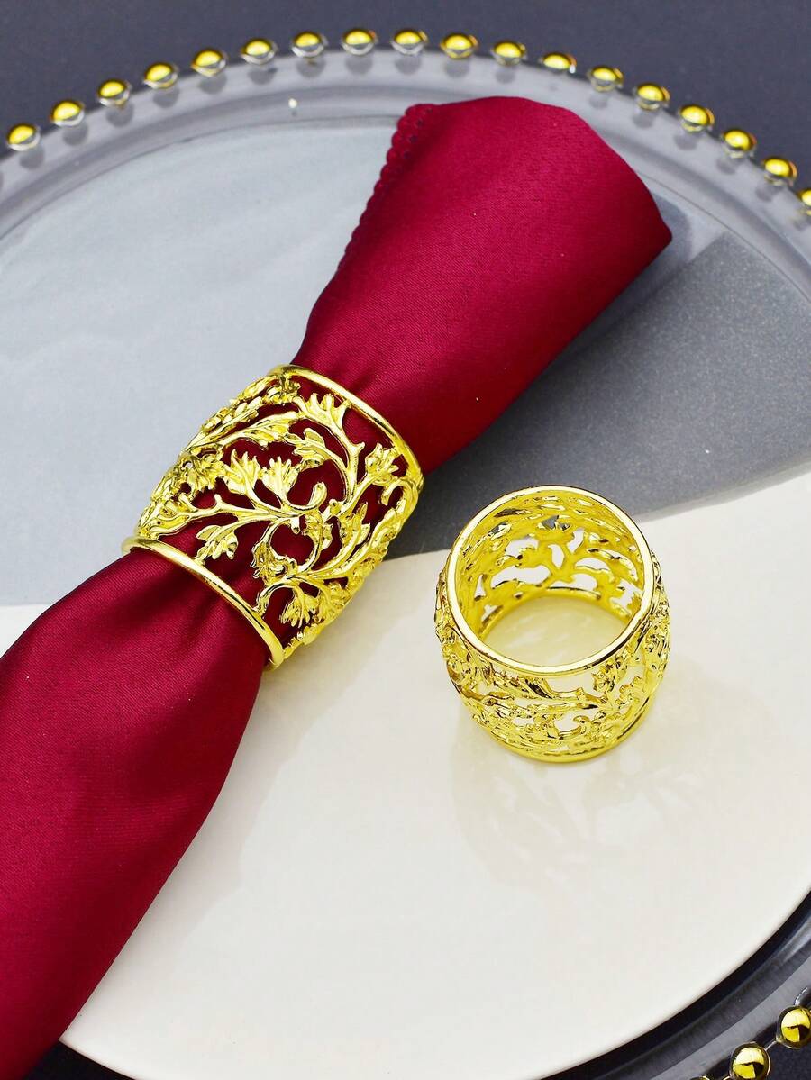 4pcs Leaf Design Hollow Out Napkin Ring, Gold Napkin Buckle For Dining Table - Gold - View 1