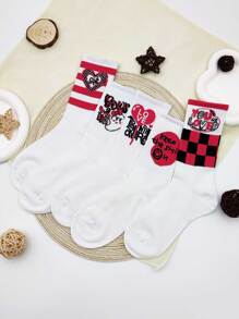 5 双女士格子和心形图案休闲中筒袜，适合日常生活 - 彩色 - 查看 1