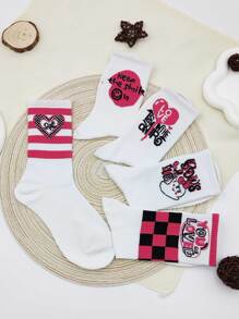 5 双女士格子和心形图案休闲中筒袜，适合日常生活 - 彩色 - 查看 4