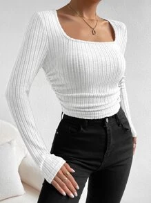 SHEIN EZwear 方領側收褶條紋針織T恤 - 白色 - 查看 1