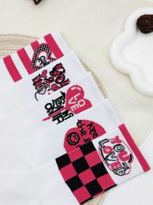 5 双女士格子和心形图案休闲中筒袜，适合日常生活 - 彩色 - 查看 7