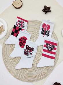 5 双女士格子和心形图案休闲中筒袜，适合日常生活 - 彩色 - 查看 8