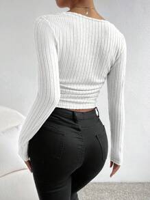 SHEIN EZwear 方領側收褶條紋針織T恤 - 白色 - 查看 2