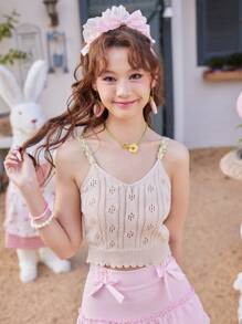 ROMWE Kawaii Solid Pointelle Cami Knit Top - Apricot - View 1