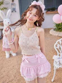 ROMWE Kawaii Solid Pointelle Cami Knit Top - Apricot - View 2