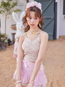 ROMWE Kawaii Solid Pointelle Cami Knit Top - Apricot - View 3