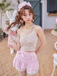 ROMWE Kawaii Solid Pointelle Cami Knit Top - Apricot - View 4