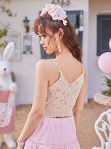 ROMWE Kawaii Solid Pointelle Cami Knit Top - Apricot - View 5
